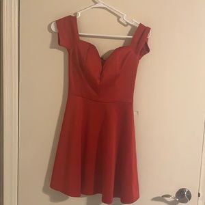 Short, red off-shoulder dress